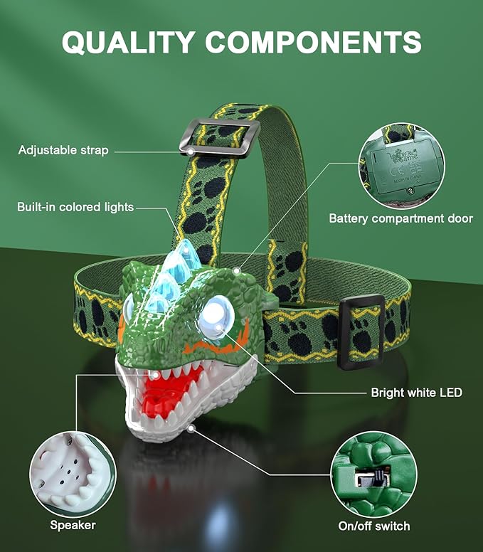 Kids Headlamp - LED Dinosaur Headlamp with Adjustable Headband for Boys and Girls, 3 Lighting Modes - Perfect for Camping, Hiking, and Reading - Ages 3-12+
