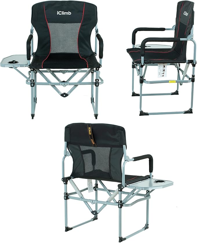 iClimb Heavy Duty Compact Camping Folding Mesh Chair with Side Table and Handle