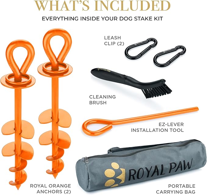 Dog Tie Out Stake - Heavy Duty Dog Stake for Large Dogs up to 210 lbs, Dog Stakes for Outside, Dog Anchor, and Dog Gadget | Use Any Dog Tie Out Cable or Dog Yard Leash (O2-Orange (2-Pack))