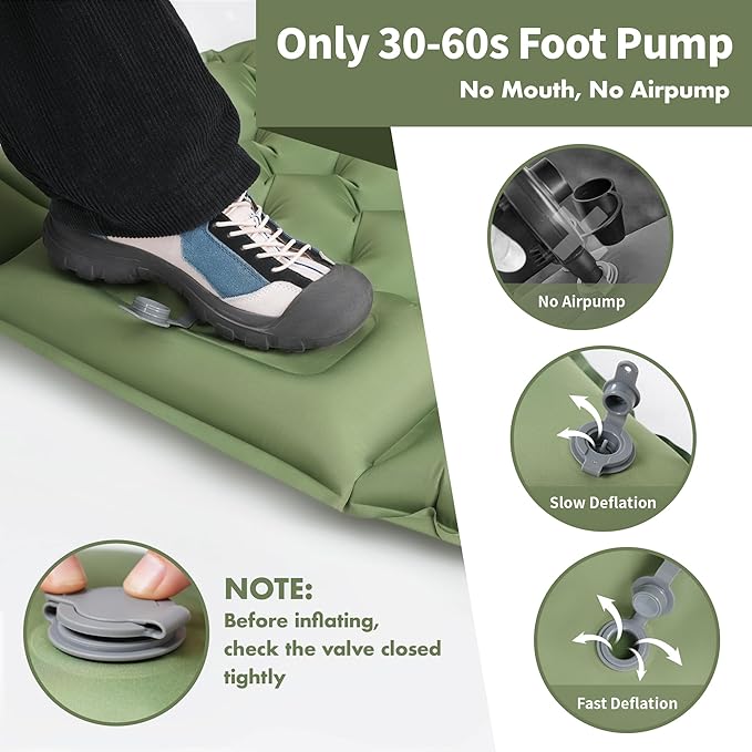 Inflatable Sleeping Pad with Build-in Pump 4-Inch Thick Sleeping Mat Soft Fabric for Comfortable Sleep Ultralight Camping Mattress for Hiking Backpacking Camping Family Trips - Green 1 Pack