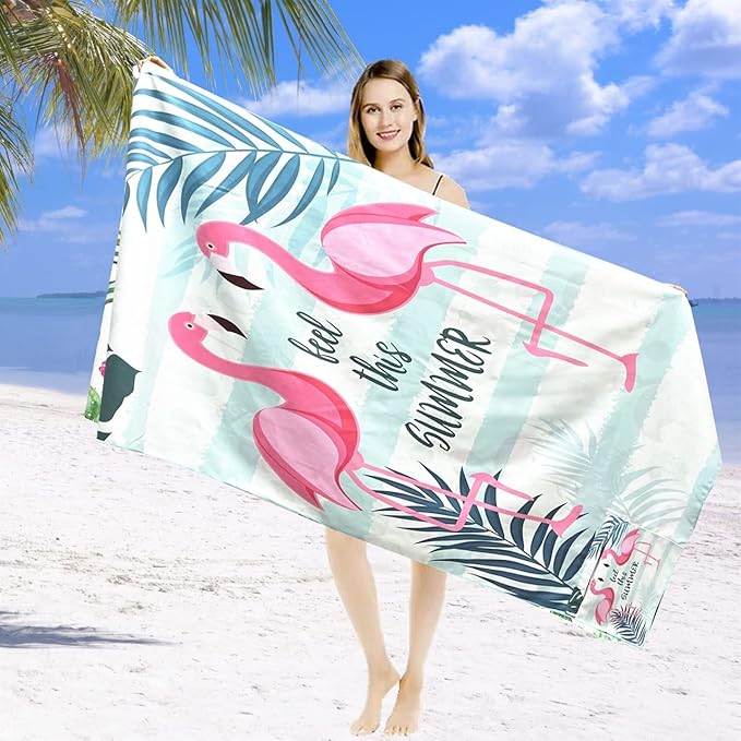 Beach Towel Oversized,Thin Microfiber Beach Towel ,Super Absorbent Quick Dry Sand Free Cute Flamingo Cool Swim Beach Towels for Kids,Men,Women,Boys,Girls with Zipper Pocket Travel Bag (flamingos)