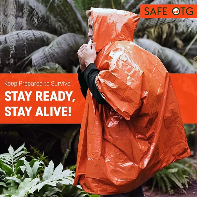 Emergency Survival Rain Poncho 4 pack Thermal Mylar Space Blanket Orange Life Ponchos Blankets with Hood Waterproof for Adults Car Outdoor Activities Hiking Camping Gear Equipment and Supplies