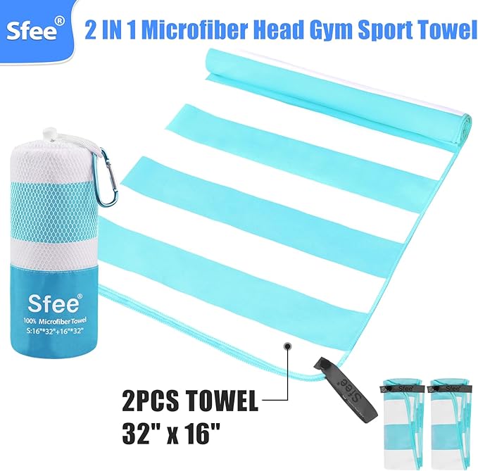Sfee 2 in 1 Microfiber Travel Towel, Quick Dry Towel Camping Towel Beach Towel Super Absorbent Compact Lightweight Sports Towel Gym Towel Set for Gym, Hiking, Pool, Bath, Yoga (Small: 32''x16'')