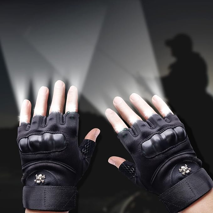 LED Flashlight Gloves, Half Finger Lighted Gloves Gifts for Men Women, Flashlight Gloves with 8 LEDs Stocking Stuffers Cool Gadgets Christmas Birthday Gifts for Men and Women