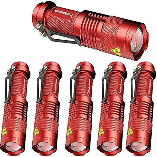 6 Pack,Pocketman 7W 300LM 3 Modes Mini Light Red LED Tactical Flashlight