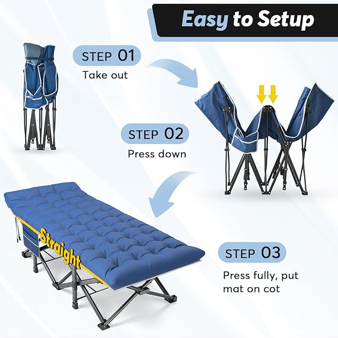 Slendor Oversized XXL Camping Cot, Folding Cot for Adults, 79" L x 32" W x 19" H Sleeping Cot with Mattress, Carry Bag, Camp Cot Bed for Travel, Guest, Support 500lbs, Blue Cot+ Blue Pad