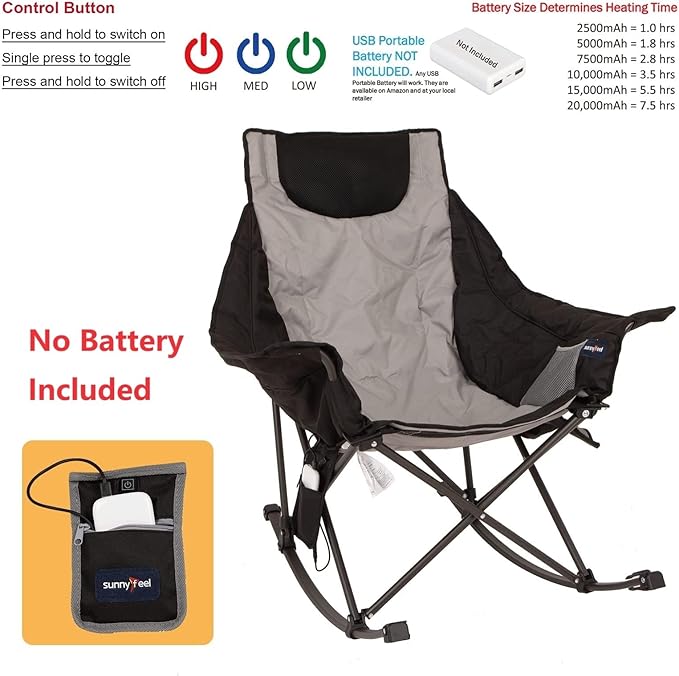 SUNNYFEEL Oversized Heated Camping Chair, Folding Rocking Camping Chairs with Luxury Padded Recliner,Carry Bag, 300 LBS Heavy Duty for Lawn/Outdoor/Picnic/Patio, Portable Rocker Camp Chair