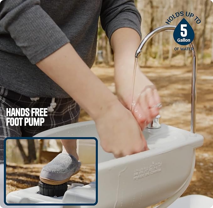 Alpcour Portable Camping Sink – Indoor/Outdoor Travel Hygiene Station with Basin, Running Faucet, Soap Dispenser, Towel Rack, Drain Hose, Hands-Free Foot Pump, Stakes & Carry Bag – 17L Water Capacity