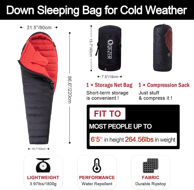 Ultralight Down Sleeping Bag for Adults with 600 Fill Power, Compact Sleeping Bag for Backpacking, Hiking and Camping