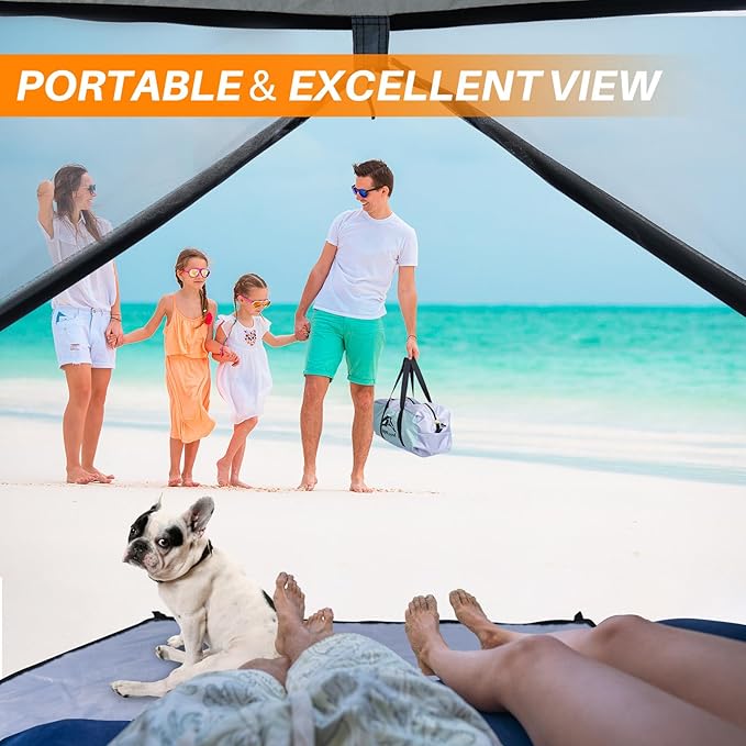 Happy Travel Beach Tent, UPF 50+ UV Protection Sun Shade Shelter for 3/4/5/6/7/8 Person, Portable Beach Canopy for Family & Baby, Lightweight & Easy Setup Beach Cabana with 3 Ventilation Mesh Windows