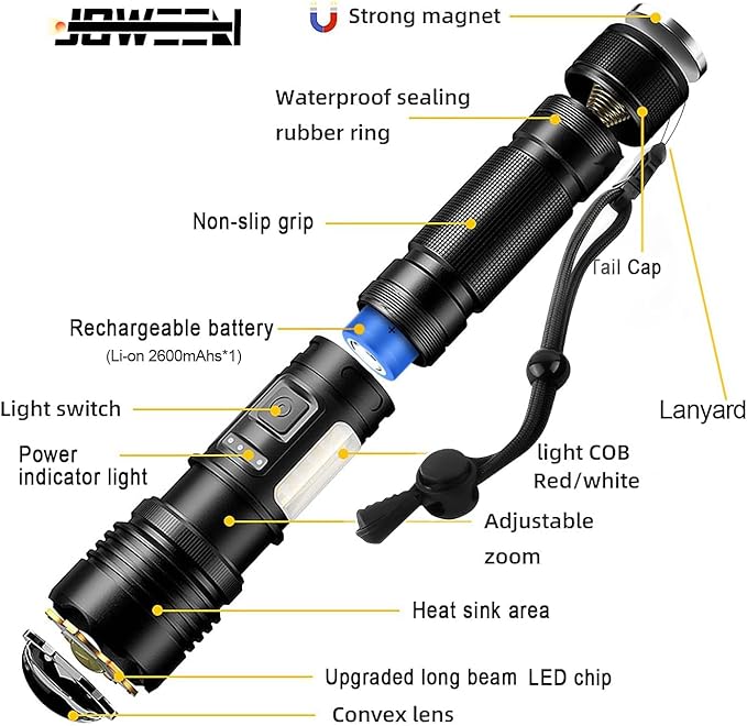 Rechargeable Flashlight, Portable and Super Bright Torch Light with 7 Modes, Power Output Function, IPX5 Waterproof for Outdoor Activities
