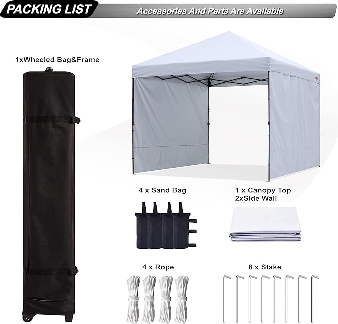 ABCCANOPY Easy Pop up Canopy Tent with 2 Sidewalls for Outdoor Sun Blocking or Rain Protection, 8x8, White