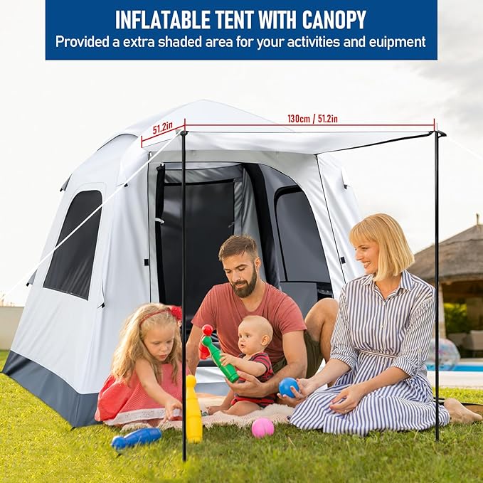 Easy Set up Quick Inflatable Camping Tent with Automatic Pump, 3-4 Person Camping Outdoor Air Blow Up Tents Rainfly & Windproof Portable
