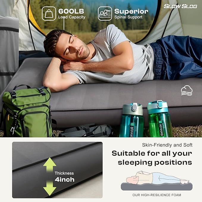 Self-Inflating Sleeping Pad with Portable Electric Pump 4in Thick Memory Foam Camping Mattress for Tent Cot & Car Travel, Fast Inflate & Deflate Camping Pad, Gray