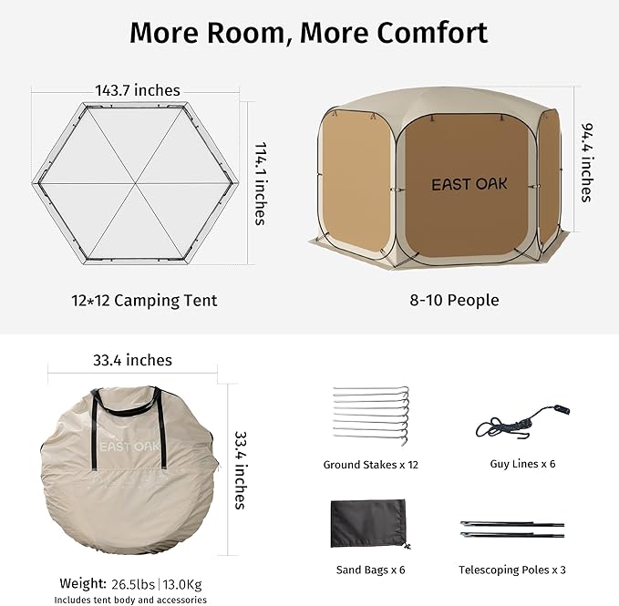 EAST OAK 10ร10 FT Pop Up Canopy Tent with Mesh Walls | Outdoor Screen House with 6 Sunshades | Waterproof Gazebo with Carry Bag | Portable Shelter for Camping, Patio, and Beach | Beige
