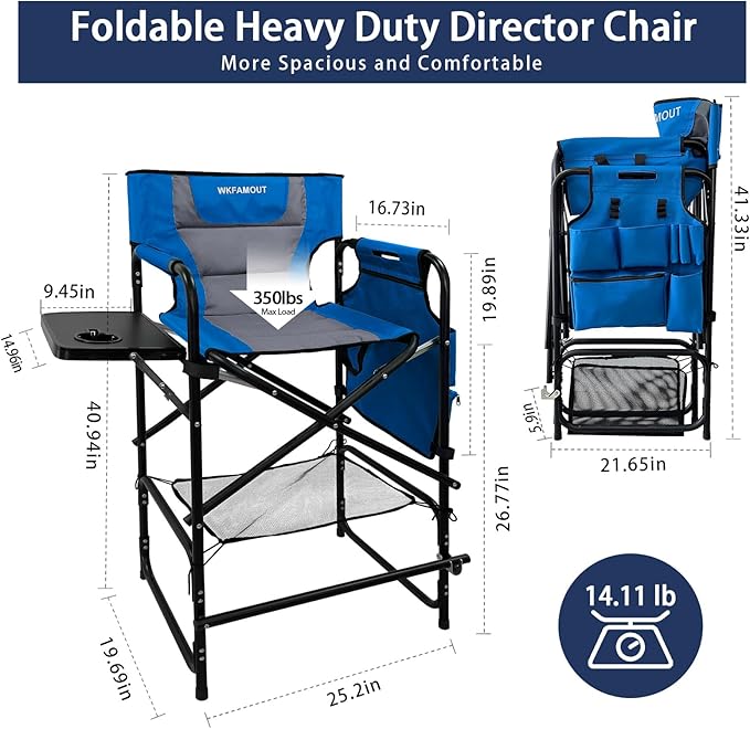 Tall Folding Directors Chair with Side Table 26.77" Seat Height Foldable Camping Chair Bar Stool for Makeup Artist Face Painting with Footrest and Storage Pocket Supports 350LBS
