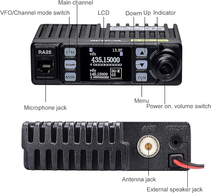 Retevis RA25 Dual Band Mobile Radio, Mini Mobile Transceiver with MR100 High Gain Antenna, 500 Channels, FM radio, Emergency Alarm, VOX, Long Range Mobile Two Way Radio for Traveling Farm