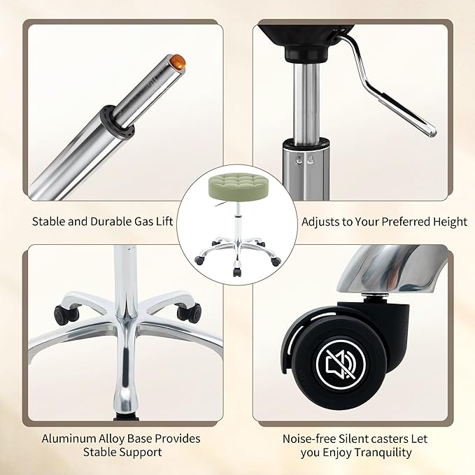 Swivel Rolling Stool Adjustable Height 20"-27" (Sturdy Aluminum Base) (Quiet Wheels) Salon Stools for Hair Stylist (Green)