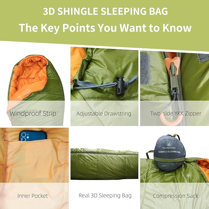 Mountainlodge 3-4 Seasons Shingle Sleeping Bag 15℉ with Inner Pocket for Adult,Perfect for Backpacking,Traveling and Hiking,Including Free Compression Stuff Sack.