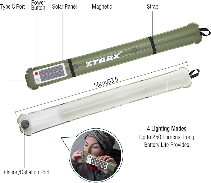 Solar Camping Lights Bars 33.5IN/85CM Tent Lights Rechargeable 4000mAh Foldable Inflatable for Outdoor IP66 Waterproof LED Tube Light for Camping, Hiking, Travel and More