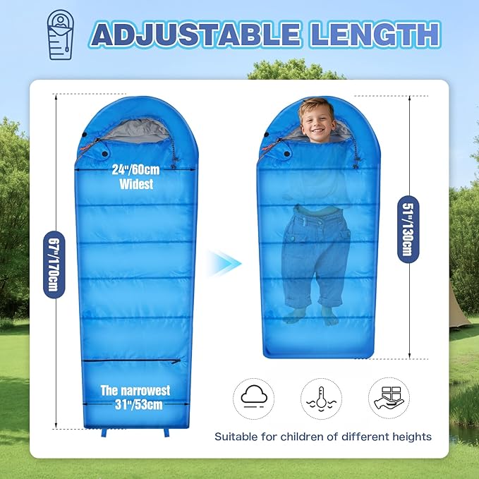REDCAMP Kids Mummy Sleeping Bag for Camping, 3 Season Cold Weather Sleeping Bag Fit Boys,Girls & Teens, Blue/Rose Red