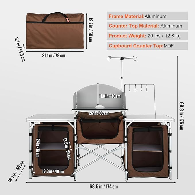 VBENLEM Camping Kitchen Table, Aluminum Portable Folding Camp Cook Table with Windshield, 3 Cupboard, Storage Organizer, Quick Installation for Outdoor Picnic Beach Party Cooking, Brown