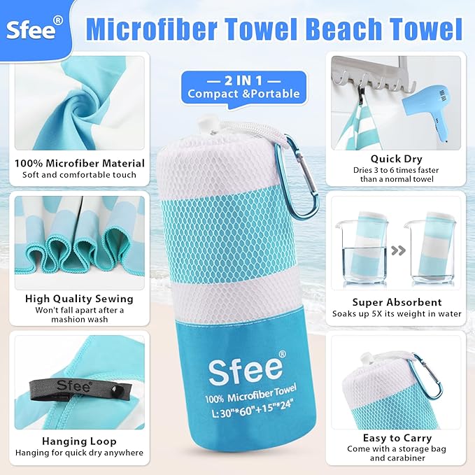 Sfee 2 in 1 Microfiber Travel Towel, Quick Dry Towel Camping Towel Beach Towel Super Absorbent Compact Lightweight Sports Towel Gym Towel Set for Gym, Hiking, Pool, Bath, Yoga (Small: 32''x16'')