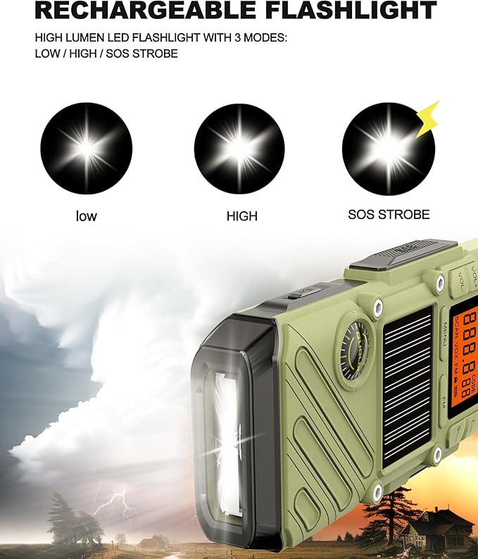 Rechargeable Adult Walkie Talkie with Emergency Solar Hand Crank Charging with FM/NOAA,Weather Alert,LED Flashlight-USB Charging and SOS Siren Long Range 2-Way Radio