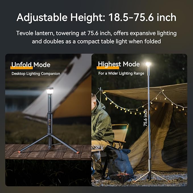 Camping Light Telescopic & Collapsible: 800 Lumens IP65 Waterproof Smart Remote Magnetic Base USB Rechargeable Battery Adjustable Height for Outdoor Adventure Hiking Emergency Lighting
