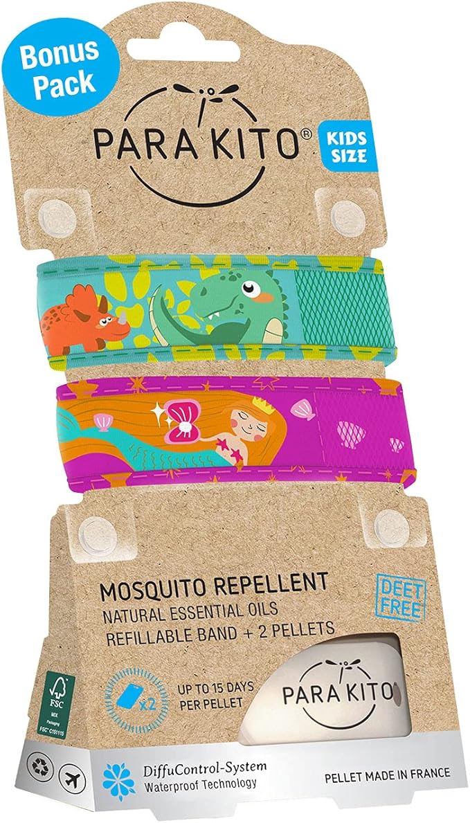 PARA'KITO Mosquito Repellent Pack - 2 Kids Wristbands & 2 Refills Green Dinosaur/Mermaid