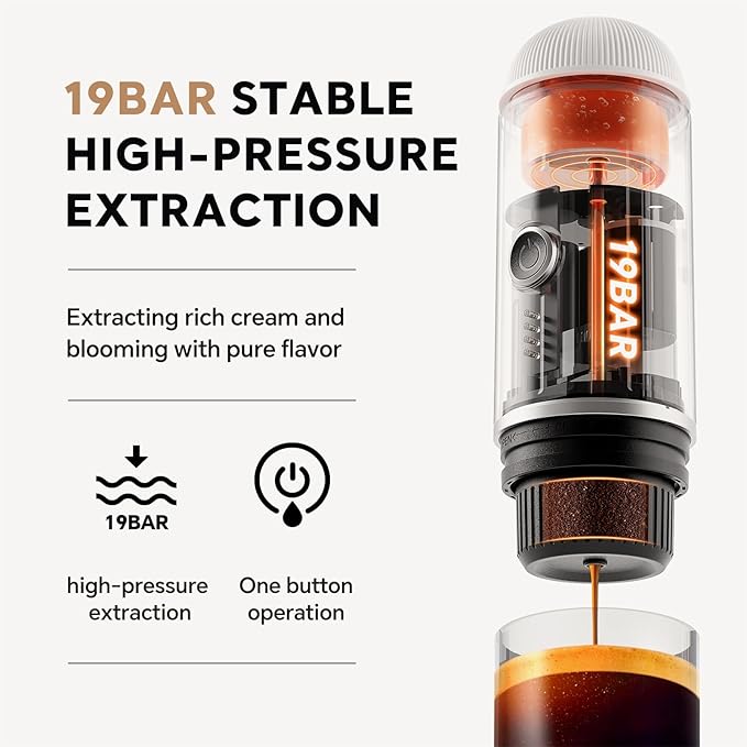 Portable Espresso Machine with Self-heating, 12V 7500mAh Rechargeable Electric Coffee Machine 19 Bar Compatible with NS Capsules and Ground Coffee for Car Camping Travelling, White
