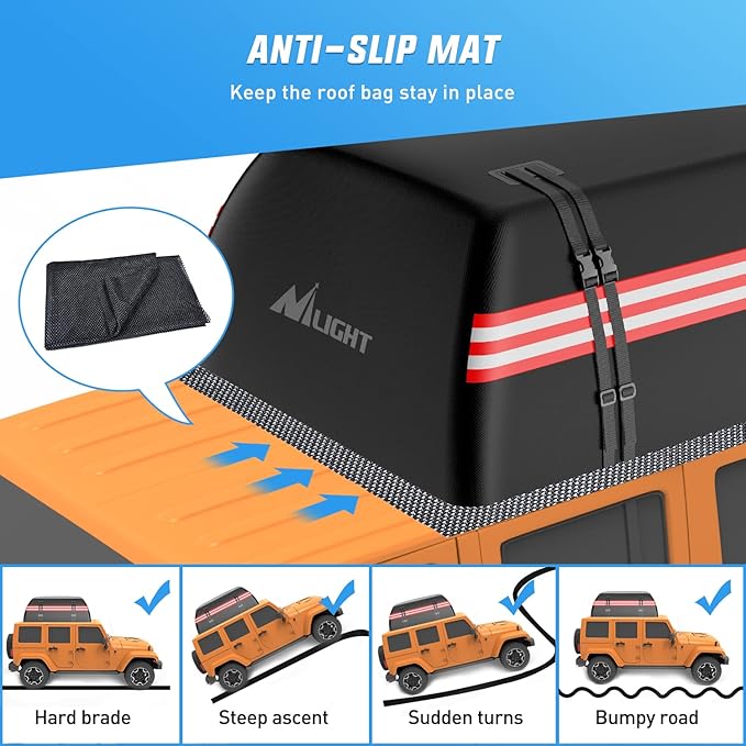 Nilight Car Roof Bag 15 Cubic Feet Waterproof Rooftop Cargo Carrier,Suitable for All Vehicle with/Without Rack - Waterproof Zip,Reflective Strip,Anti-Tear 840D PVC, with Anti-Slip Mat