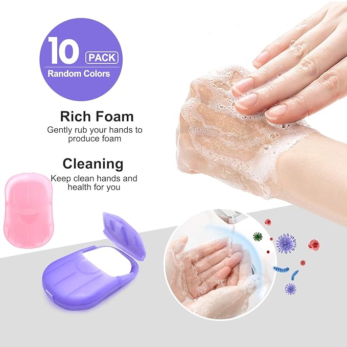 10 Boxes (200 Sheets) Portable Travel Soap Paper Sheets, Mini Disposable Soap Sheets Hand Washing Bath Scented Paper Soap and Slide Foaming Paper Soap Bathing Soap Flakes for Outdoor (10 Boxes)