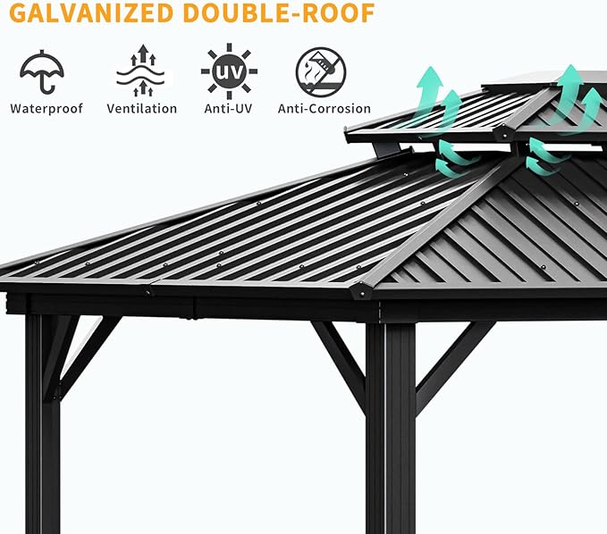 HOTEEL 10x12 Hardtop Gazebo on Clearance with Heavy Duty Galvanized Steel Double Metal roof,Aluminum Frame,Patio Gazebo with Curtains and Netting,Outdoor Permanent Pavillon for Backyard,Black