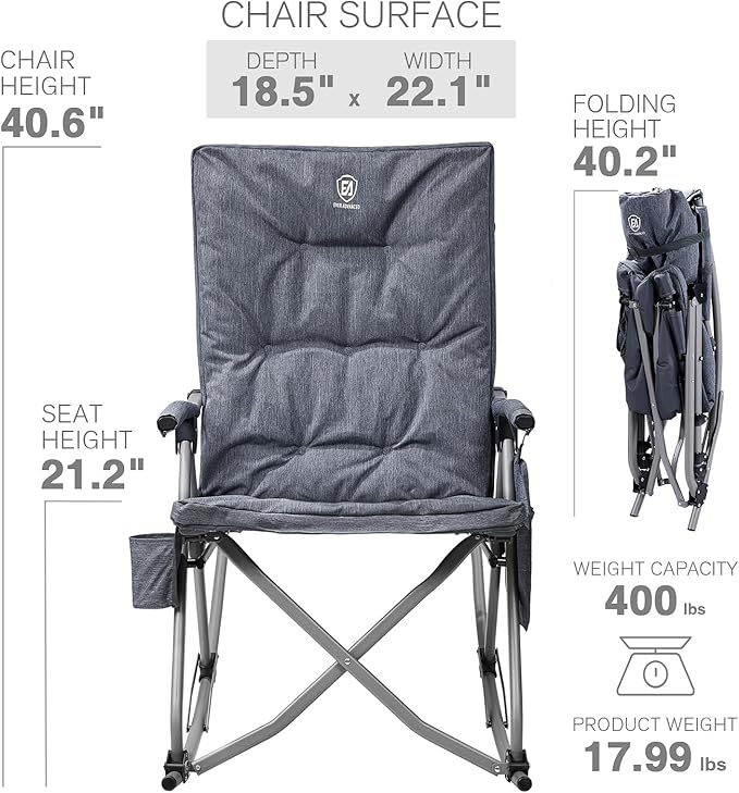 EVER ADVANCED Oversized Folding Rocking Camping Chair, Padded Portable Rocker Chair for Patio, Lawn and Outdoors, Heavy Duty Hard Armchair for Adults Supports 400lbs, Grey