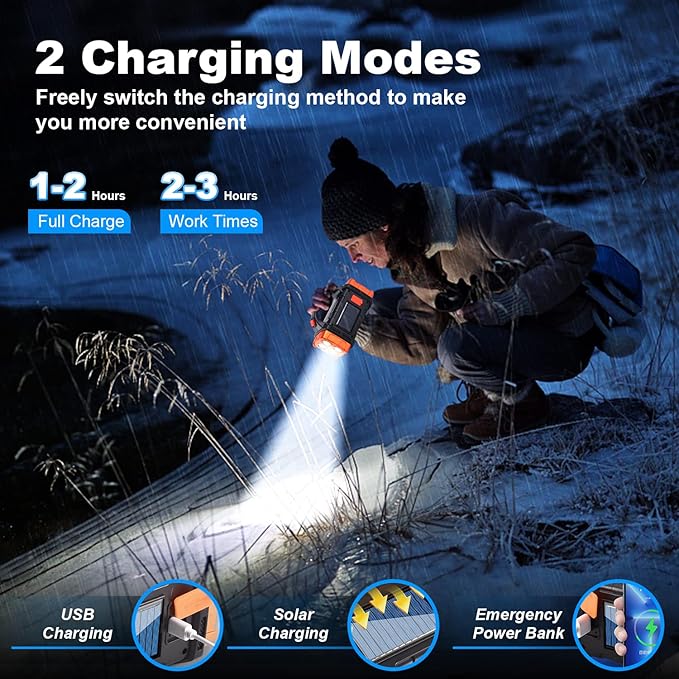 Two Side Solar Handheld Flashlight with COB Sidelight, High Bright 8 Modes Spotlight with USB Cable, Rechargeable Portable LED Searchlight for Outdoor Hunting Boating Camping Emergencies