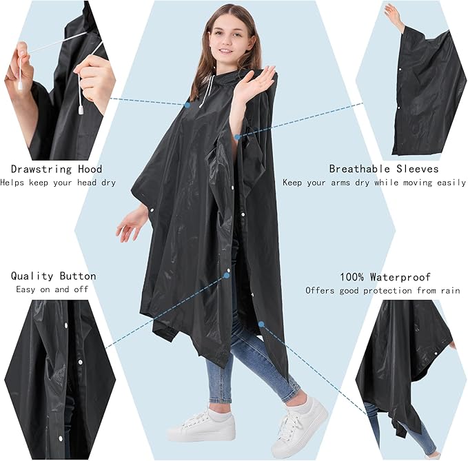 Reusable Adult Rain Ponchos 2 Pcs for Women and Men with Drawstring Hood Perfect for Camping
