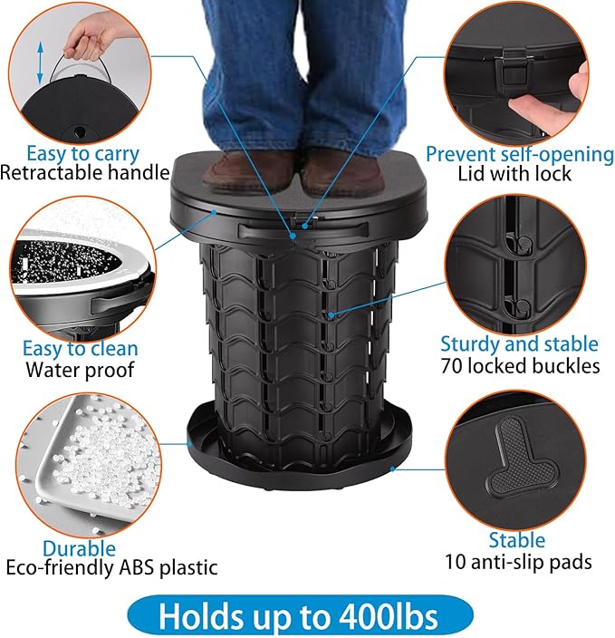 Fishboy Upgraded Portable Toilet for Camping, Adjustable Retractable Outdoor Toilet, Travel Potty with Carrying Handle and Storage Bag for Adults Kids for Hiking, Trips, Tent, Boat, Beach (Black)