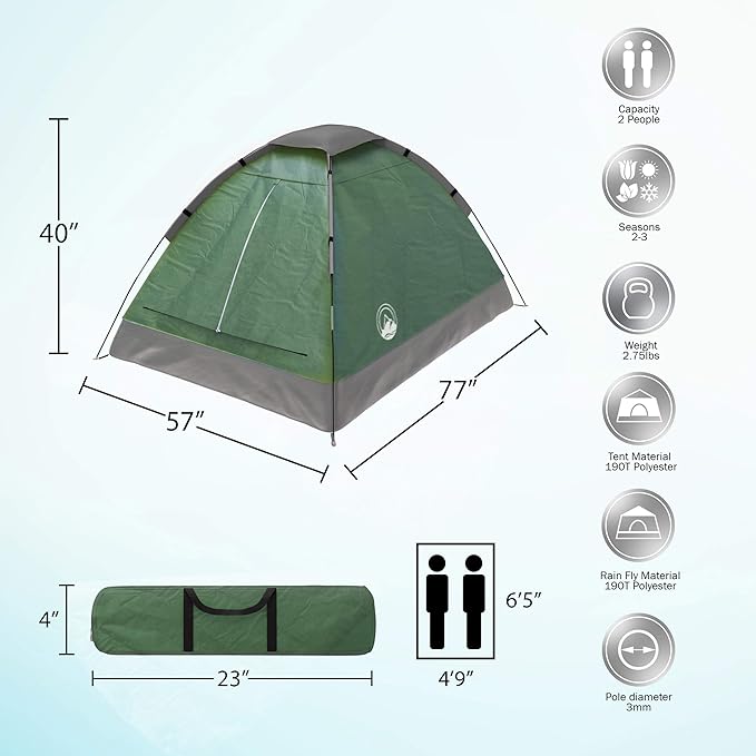 2-Person Camping Tent - Shelter with Rain Fly and Carrying Bag - Lightweight Outdoor Tent for Backpacking, Hiking, and Beach by Wakeman (Green)