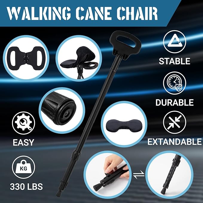 Walking Stick With Seat - Adjustable Portable Cane, Foldable Stool With 2 Bases, Pocket Storage Bag and Removable Cushion - Aluminum Lightweight Mobility Aid Crutch