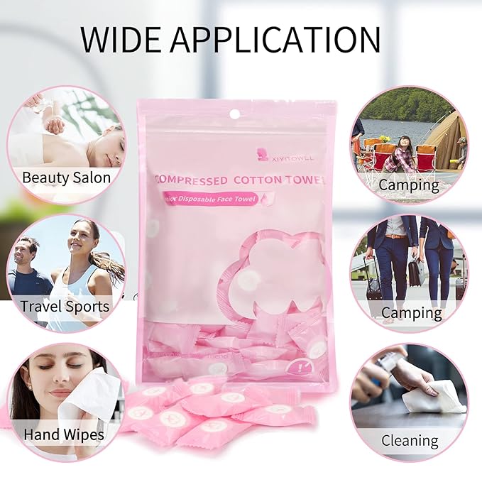 100PCS Compressed Face Towels, Portable Compressed Towel Tablets, Cotton Disposable Face Towel Coin Tissues, Mini Compressed Towels for Travel Camping (Pink)