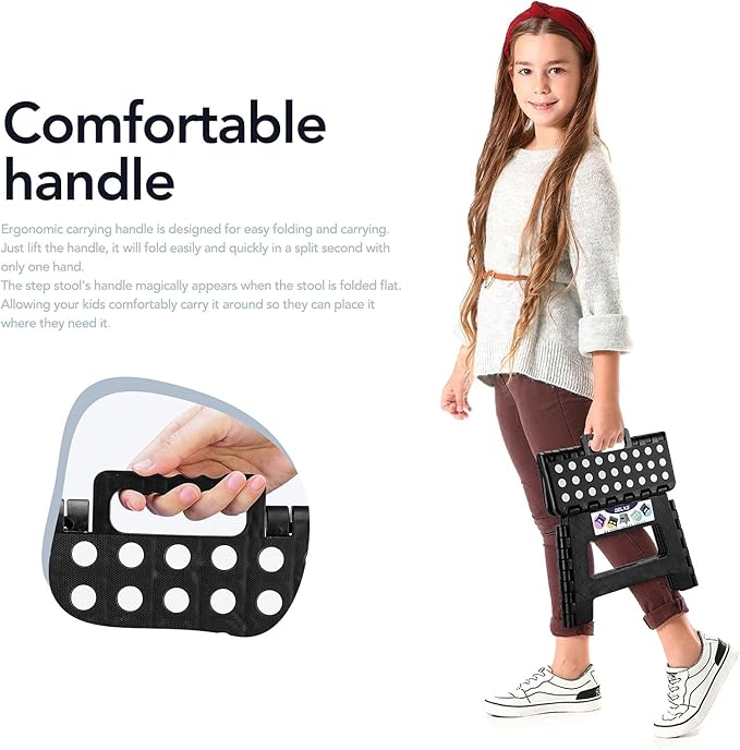 Delxo 9 Inch Folding Step Stool, Black Step Stools for Kids Foldable,Portable Collapsible Step Stool with Handle, Folding Stool for Kitchen Bathroom,Bedroom,Garden