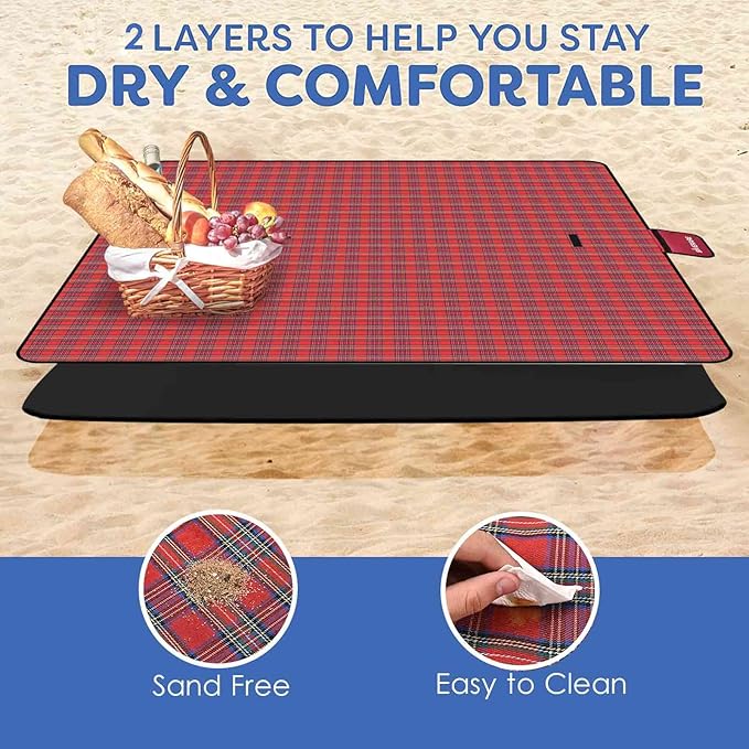 GIVERARE Picnic Beach Blanket, XL Sandfree Waterproof Outdoor Camping Blankets, Quick Drying Family Mat, Portable Extra Large Mats for Travel, Hiking, Music Festival, Lawn-Red