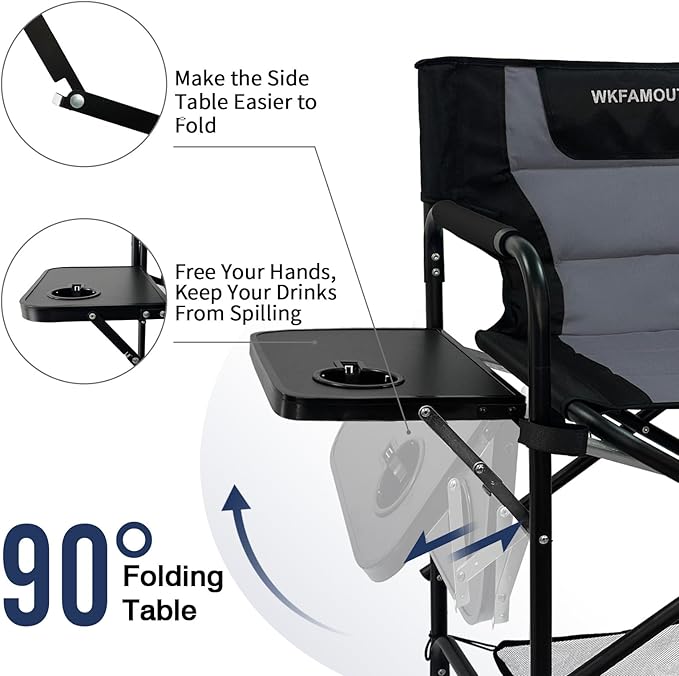 Tall Folding Directors Chair with Side Table 26.77" Seat Height Foldable Camping Chair Bar Stool for Makeup Artist Face Painting with Footrest and Storage Pocket Supports 350LBS