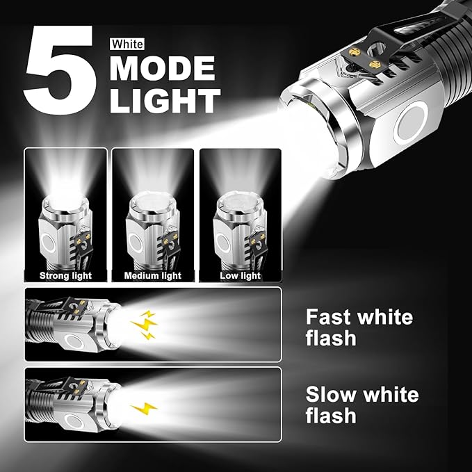 Mini Rechargeable Flashlight with Clip, Pocket LED Small Super Bright Flash Light with USB C Charging, EDC Magnetic Lightweight Tactical 5 Modes Lamp for Camping,Hiking,Emergency