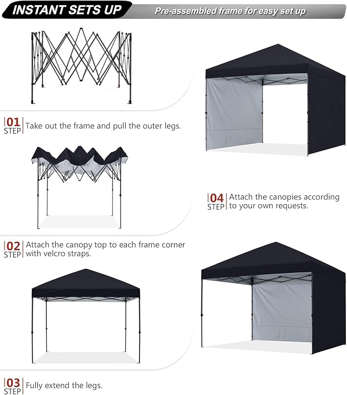 ABCCANOPY Easy Pop up Canopy Tent with 2 Sidewalls for Outdoor Sun Blocking or Rain Protection,10x10, Black
