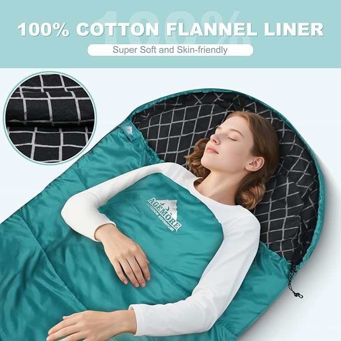 AGEMORE Cotton Flannel Sleeping Bag for Adults, Lightweight XXL Cotton Sleeping Bag for Camping Backpacking or Hiking, Water Resistant 3-4 Season Sleeping bag for Warm & Cool Weather