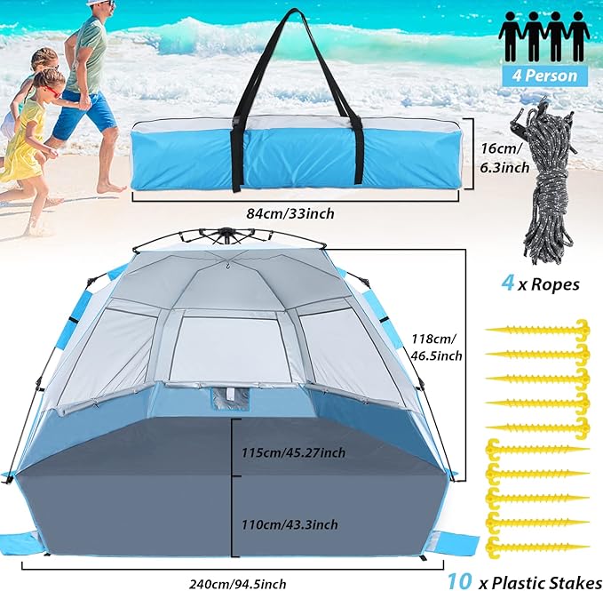 Beach Tent Instant Pop up Sun Shade Shelter for 4-6 Person with UV Protection,Extended Floor,3 Mesh Roll Up Windows with Carry Bag, Sandbags, Stakes(Sky Blue)
