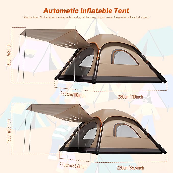 Automatic Inflatable Tent for Camping 4 Person, Pop Up Tents for Camping with 2-3 Min Set Up, Windproof Waterproof Tents with Mosquito Screen Window, Portable Tent for Traveling