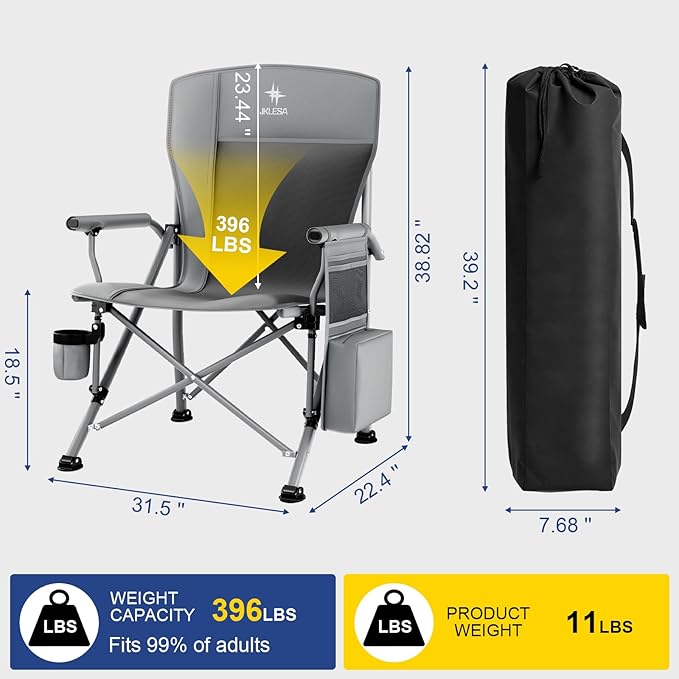 XL Heavy Duty Camping Chair 396lb Capacity (525lb MAX) - Waterproof 1680D Oxford - Oversized 2" Thick Padded Seat with Cup Holder & Cooler - Portable for Camping, Beach, Tailgating Slate/Black
